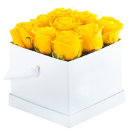 9 yellow roses in a square box