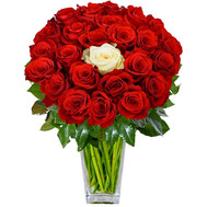 Bouquet of red roses and one white