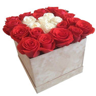 Red and white roses in a box