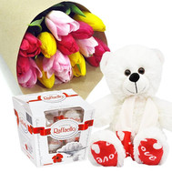 15 tulips, white Bear and Raffaello