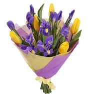 A small bouquet of irises and tulips
