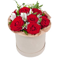 A small box with roses and alstroemerias