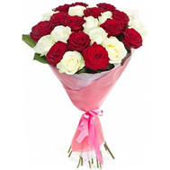 Bouquet of scarlet and white roses