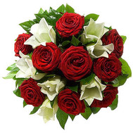 Bouquet of red roses and white lilies