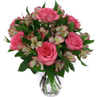 Bouquet of pink roses and alstroemerias