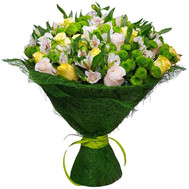 A strict bouquet of roses, alstromeries and chrysanthemums