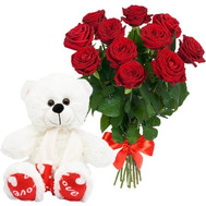 11 red roses and white Teddy bear