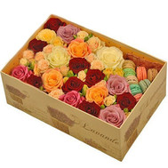 Large box of roses with macarons