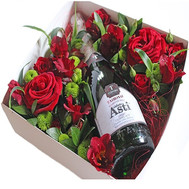 Flowers and champagne in a box