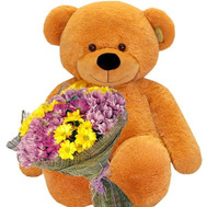 Brown big Bear with chrysanthemums