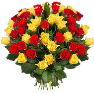 55 red and yellow roses in a bouquet