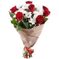 Red roses and white chrysanthemums in kraft