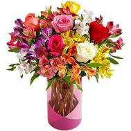 Colorful bouquet of roses and alstromeries
