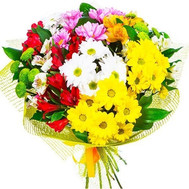 Varied bouquet of chrysanthemums and alstromeries