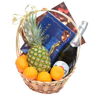Basket of champagne and chocolates