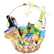 Gift basket with cheese, olives and wine