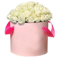 55 white roses in a hat box