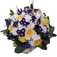 Bouquet of irises, roses and chrysanthemums