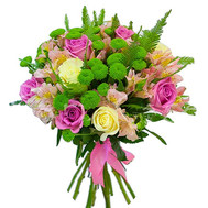 Bouquet of roses, chrysanthemums and alstromorias