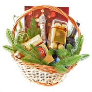 Christmas basket with alcohol and sweets
