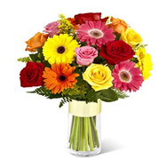 Bright bouquet of roses and gerberas