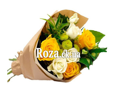 Merry bouquet of roses and chrysanthemums