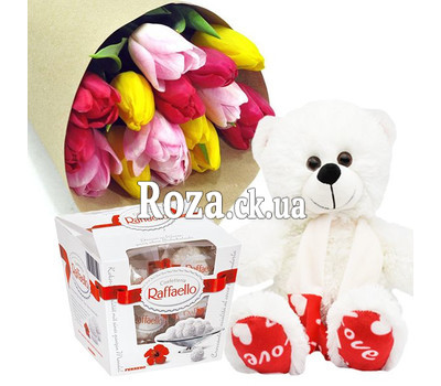 15 tulips, white Bear and Raffaello