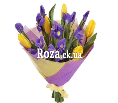 A small bouquet of irises and tulips
