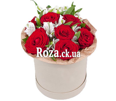 A small box with roses and alstroemerias