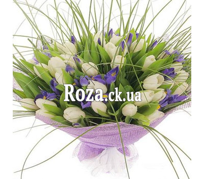 Bouquet of white tulips and irises