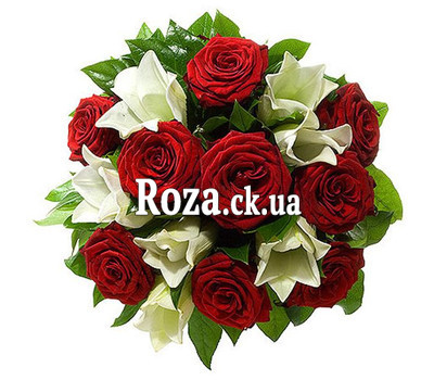 Bouquet of red roses and white lilies