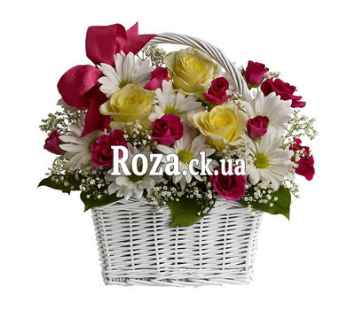 Basket of chrysanthemums and roses
