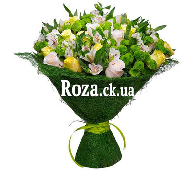 A strict bouquet of roses, alstromeries and chrysanthemums