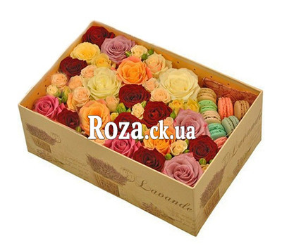 Large box of roses with macarons