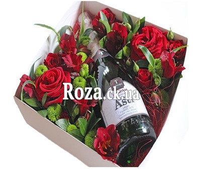 Flowers and champagne in a box