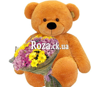Brown big Bear with chrysanthemums
