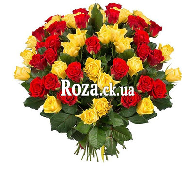 55 red and yellow roses in a bouquet
