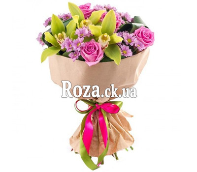 Bouquet with pink flowers and orchids