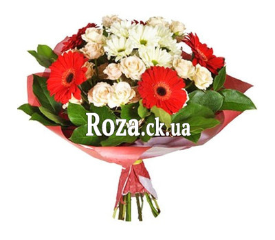 Round bouquet with gerberas and spray roses