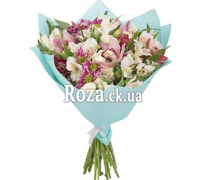 Aerial bouquet of flowers with orchids