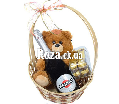 Gift basket with champagne, chocolates and Teddy Bear