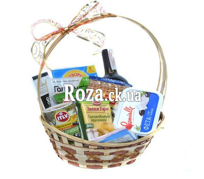 Gift basket with wine and cheese