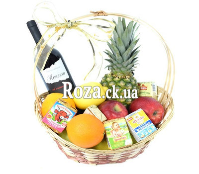 Gift basket with fruit, wine and cheese