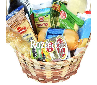 Gift basket with cheese, olives