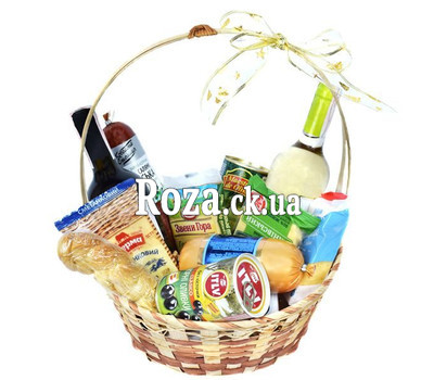 Gift basket with cheese, olives and wine