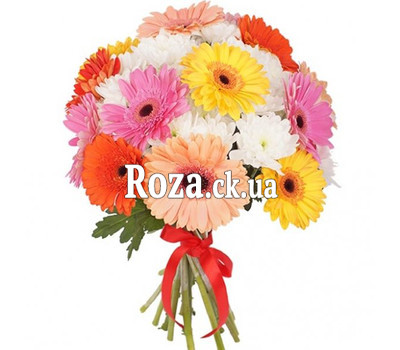 Bouquet of different color gerberas and chrysanthemums