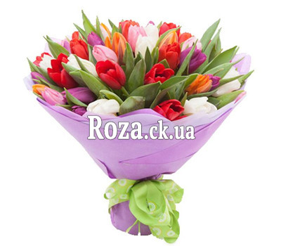 Elegant bouquet of multi-colored tulips