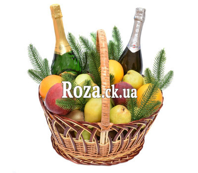 Большая новогодняя корзина фруктов с элитным шампанским