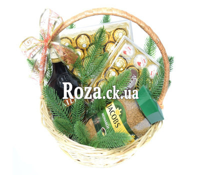Christmas basket with coffee, liqueur and chocolate