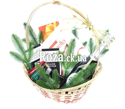 Christmas basket with champagne and chocolate